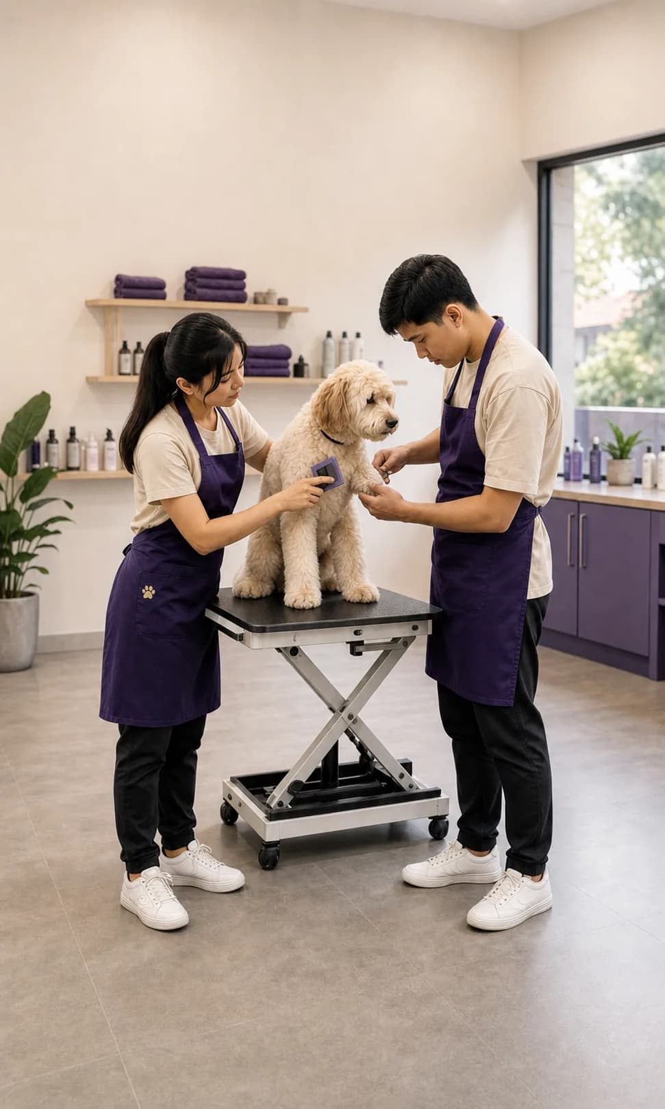 Dua groomer merawat seekor anjing di salon hewan